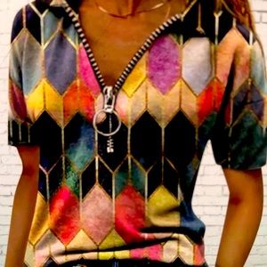 Blouse Summer Collar T-Shirt Zipper Women's Short Sleeve LIWEIKE Women V-Neck